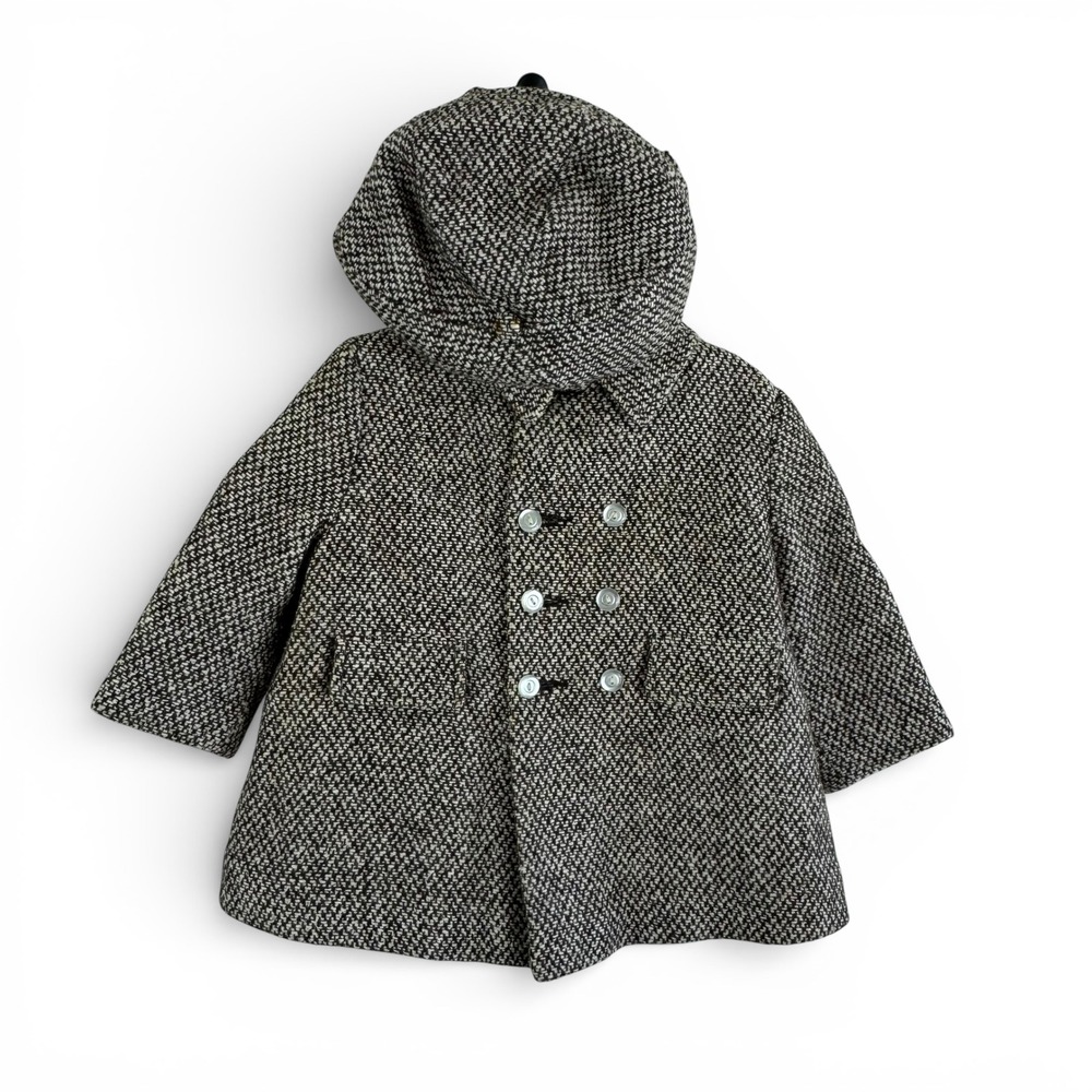 Vintage Toddler Tweed Double Breasted Coat with Hood Brown White Size 18M 2T